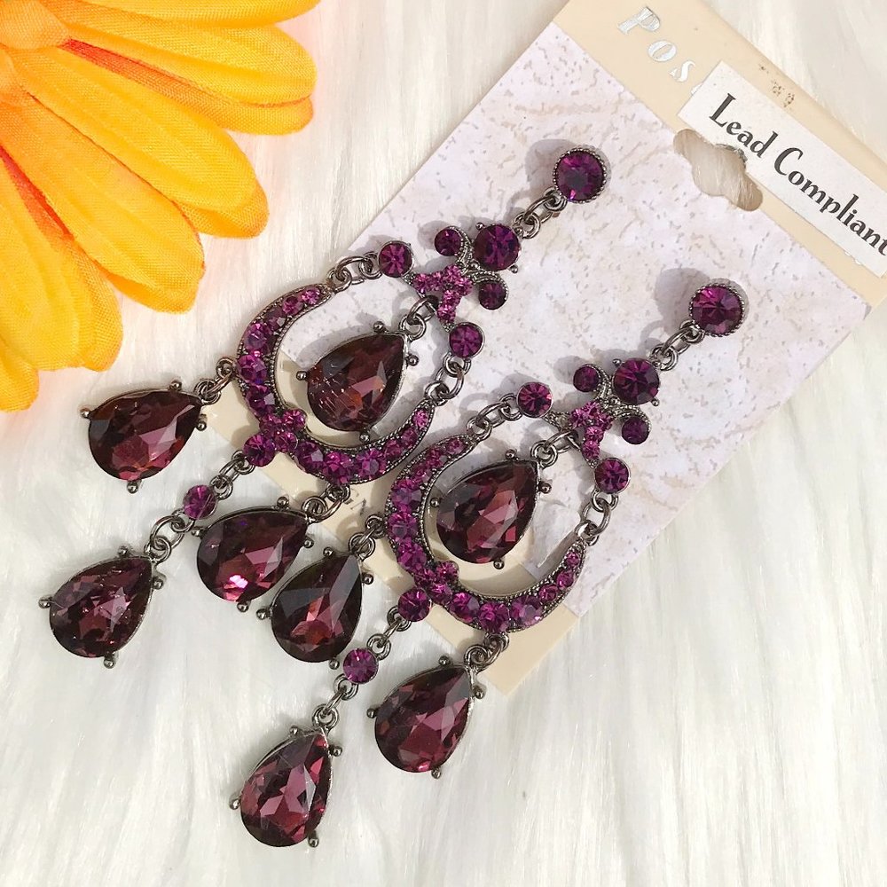 Rhinestone Jeweled Long Teardrop Dangle Earrings Purple Dressy Post Drops NWT